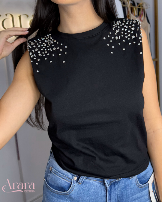 Blusa Negra Blusas De Moda Con Perlas Camisa Negra Con Pedrería